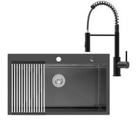 CECIPA 75x45 cm Lavabo Negro de Acero con Arco Grifo de Cocina con Resorte, Lavabo de Cocina 1 Seno Negro de Acero Inoxidable para Mueble de 80 cm, con Sifón y Desagüe