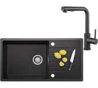 CECIPA 86 x 45 cm Fregadero negro con L grifo extraíble, fregadero de cocina 1 bañera con escurridor para mueble de 60 cm, fregadero granito con sifón y rebosadero