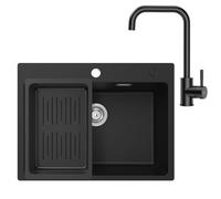 CECIPA Fregadero Cocina 1 Seno 60 x 45 cm con Grifo Negro, Fregadero Negro 1 Seno con Cestillo Colador, Fregadero de Granito con Sifón Classic y Rebosadero, para a Partir de 60 cm Mueble Bajo