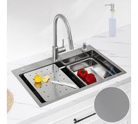 CECIPA Fregadero Cocina 1 Seno 70x45 CM, Fregadero de Acero Inoxidable con Dispensador de Jabón, Fregadero con Sifón y Juego de Desagüe, Fregadero Cocina con Lavello Mobile e Tagliere, Cepillado