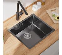 CECIPA Fregadero Cocina 50x44cm Negro Antracita, Fregadero de Acero Inoxidable bajo Encimera o Sobre Encimera, con Sifón y Rebosadero