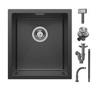 CECIPA Fregadero Cocina Negro 40x44cm, Fregadero Cocina 1 Seno en Acero Inoxidable, Fregadero bajo Encimera o Sobre Encimera, Fregaderos Un Seno Rectangular con sifón, Juego de Desagüe