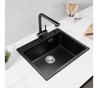 CECIPA Fregadero Cocina Negro 55x45cm, 80% Arena Cuarzo Fregadero de Granito Incl Sifón Y Desagüe Superior