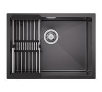 CECIPA Fregadero Cocina Negro 60 x 44cm, Fregadero Bajo Encimera o Sobre Encimera, Fregadero Cocina 1 Seno de Acero Inoxidable con Cesta de Filtro Extensible, Sifón y Kit de Drenaje