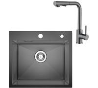 CECIPA Fregadero de 50 x 45 cm, color antracita con grifo de cocina, extensible, para encimeras a partir de 50 cm, color antracita, incluye sifón y sobre