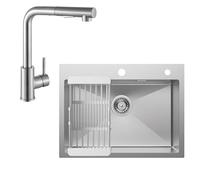 CECIPA Fregadero de Cocina 60x45 cm + Grifo de Cocina Extensible, Fregadero con Escurridor y Sifón, Fregadero Cocina 1 Seno Cuadrado, Fregadero encastrable con 2 Orificios, Acero Inoxidable Cepillado