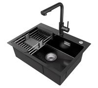 CECIPA Fregadero de cocina color antracita 60 x 45 cm + grifo de cocina extensible negro cepillado, ratillo, fregadero de cocina con escurreplatos y sifón, fregadero de cocina 1 lavabo rectangular