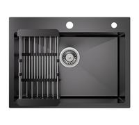 CECIPA Fregadero de Cocina Con Escurridor y Sifón - Bajo Encimera 60x45 cm, Negro Antracita, Cuadrado, Acero Inoxidable, 2 Orificios, Para Camper