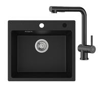 CECIPA Fregadero de cocina con grifo, 50 x 45 cm, de granito, con juego de grifería,Lavabo Negro + Grifo Mezclador Negro B