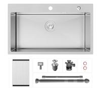 CECIPA Fregadero de cocina de 1 cubeta de 75 x 45 cm, fregadero de cocina con cortina enrollable y desagüe, fregadero de acero inoxidable 304 para mueble de longitud 80 cm con sifón y desagüe