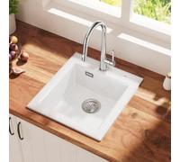 CECIPA Fregadero de cocina de 45 x 50 cm, de cerámica, color blanco, fácil de limpiar, resistente al calor, con 2 agujeros previos, grifo de cocina extensible hasta 40 cm, grifo de fregadero cromado