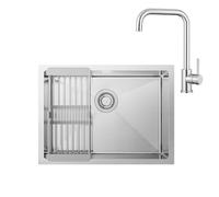 CECIPA Fregadero de cocina de 60 x 44 cm, acero inoxidable 304, con cesta de colador, extensible, grifo de cocina de acero inoxidable cepillado, giratorio 360°