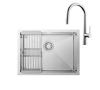 CECIPA Fregadero de cocina de 60 x 44 cm, de acero inoxidable 304, con cesta de colador, extensible, grifo de cocina de alta presión, extensible, 2 modos de agua, grifo monomando