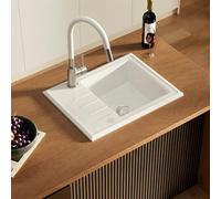 CECIPA Fregadero de cocina de 60 x 46 cm, de cerámica blanca, fácil de limpiar, resistente al calor, con 2 agujeros previos, grifo de cocina flexible, giratorio 360°