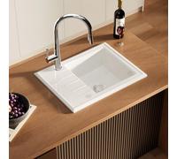 CECIPA Fregadero de cocina de 60 x 46 cm, de cerámica blanca, fácil de limpiar, resistente al calor, con 2 agujeros previos, grifo de cocina extensible hasta 40 cm, grifo de fregadero cromado