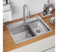 CECIPA Fregadero de cocina de 68 × 48 cm de acero inoxidable, fregadero de cocina para encimeras a partir de 80 cm, con sifón, desbordamiento y desagüe, con orificio para grifo