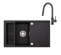CECIPA Fregadero de cocina de 78 x 45 cm con grifo extensible, fregadero negro de granito, fregadero de cocina para armarios bajos de 45 cm de ancho, fregadero empotrable con sifón y desagüe