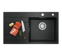 CECIPA Fregadero de cocina de 78 x 45 cm, de granito negro con escurridor, para armarios bajos de 45 cm de ancho, incluye sifón y juego de desagüe y rebosadero