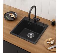 CECIPA Fregadero de cocina de granito 45x45cm, juego de fregadero empotrado moderno con 2 orificios para grifo, negro, cuadrado, lavabo para la cocina