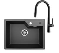 CECIPA Fregadero de cocina de granito, color negro, 60 x 45 cm, con grifo extensible, moderno en estilo puerto, de granito negro, empotrable, 1 lavabo de cocina, serie SOFETIY