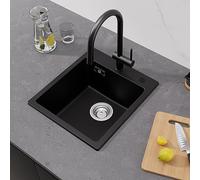 CECIPA Fregadero de Cocina de Granito Negro, 40 x 45 cm, Rectangular, Moderno Juego Con 2 Agujeros para Grifo
