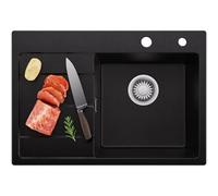 CECIPA Fregadero de cocina de granito negro 65 x 45 cm, con escurridor, para armarios bajos de 40 cm de ancho, incluye sifón y juego de desagüe y rebosadero