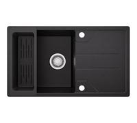 CECIPA Fregadero de cocina de granito negro 78 x 45 cm, con cesta colador, con instalación reversible, fregadero de cocina empotrable con sifón y juego de desagüe y rebosadero