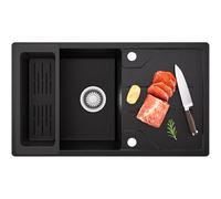 CECIPA Fregadero de cocina de granito negro 78 x 45 cm, con cesta colador, con instalación reversible, fregadero de cocina empotrable con sifón y juego de desagüe y rebosadero