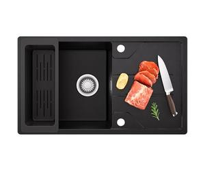 CECIPA Fregadero de cocina de granito negro 78 x 45 cm, con cesta colador, con instalación reversible, fregadero de cocina empotrable con sifón y juego de desagüe y rebosadero
