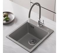 CECIPA Fregadero de cocina gris de granito, 40 x 45 cm, para empotrar gris, rectangular, moderno de granito, fregadero de cocina pequeño, fregadero de cocina con 2 agujeros para grifo, fregadero