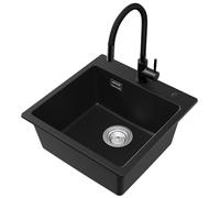 CECIPA Fregadero de Cocina Negro 45 x 45 cm con Grifo Flexible - 2 Tipos de Chorro, Rectangular, Moderno de Granito