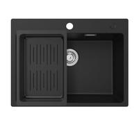 CECIPA Fregadero de Cocina Negro 60 x 45 cm, 1 Seno con Cestillo Colador, Granito con Sifón Classic y Rebosadero, para Mueble Bajo a Partir de 60 cm