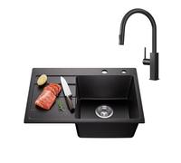 CECIPA Fregadero de cocina negro 65 x 45 cm con grifo extensible, fregadero de granito a partir de 40 cm de ancho, fregadero con sifón y rebosadero, fregadero con escurridor
