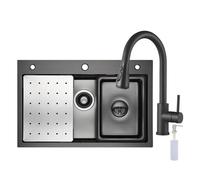 CECIPA Fregadero de cocina negro 70 x 45 cm con grifo extensible, acero inoxidable, incluye dispensador de jabón y sifón, incluye fregadero interior de repuesto y tabla de cortar, color negro