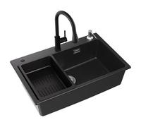 CECIPA Fregadero de cocina negro 70 x 45 x 20, fregadero de cocina con grifo extensible y dispensador de jabón, fregadero de granito con desagüe y rebosadero, 1 fregadero de cocina empotrable a partir