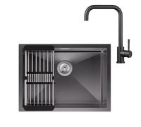 CECIPA Fregadero de cocina negro antracita 60 x 44 cm, acero inoxidable, fregadero de cocina con cesta de colador, grifo de cocina negro de acero inoxidable, giratorio 360°