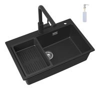CECIPA Fregadero de Cocina Negro con Grifo Extensible, 70 x 45 cm Lavabo de Cocina 1 cuenco de Granito con Dispensador de Jabón y Cesto de Desagüe, Empotrado en Mueble 80cm, con Sifón