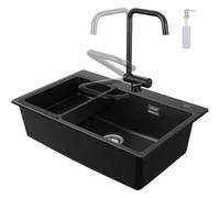 CECIPA Fregadero de Cocina Negro con Grifo Plegable, 70 x 45 cm Lavabo de Cocina 1 cubeta de Granito con Dispensador de Jabón y Cesta de Desagüe, Empotrado en el Mueble 80cm, con Sifón