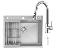 CECIPA Fregadero de cocina negro y gris, 60 × 49 × 20 cm, acero inoxidable con sifón y rebosadero, fregadero de cocina con dispensador de jabón y escurridor, apto para armarios bajos a partir de 61 cm