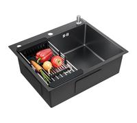 CECIPA Fregadero de cocina negro y gris, 60 × 49 × 20 cm, acero inoxidable con sifón y rebosadero, fregadero de cocina con dispensador de jabón y escurridor, apto para armarios bajos a partir de 60 cm