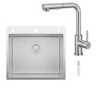 CECIPA Fregadero de cocina negro y gris, 60 × 49 × 20 cm, acero inoxidable con sifón y rebosadero, fregadero de cocina con dispensador de jabón y escurridor, apto para armarios bajos a partir de 62 cm