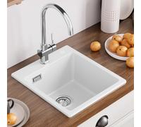 CECIPA Fregadero de granito, 40 × 45 cm, color blanco, para cocina pequeña, fregadero rectangular con juego de desagüe, moderno fregadero empotrable de granito