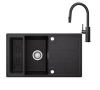 CECIPA Fregadero de granito 78 x 45 cm con grifo de cocina con ducha, fregadero de cocina de granito, fregadero de cocina para encimeras de 45 cm de ancho, fregadero negro incl. sifón y accesorios de