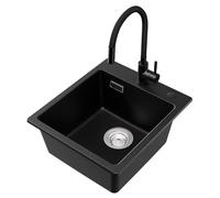 CECIPA Fregadero de granito con grifo mezclador flexible, grifo de cocina con 2 tipos de chorros de agua, fregadero de cocina de granito 40 x 45 cm, fregadero negro, fregadero empotrable rectangular