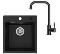 CECIPA Fregadero de granito con grifo negro, grifo de cocina, fregadero negro, fregadero de cocina rectangular, de granito, 40 x 45 cm