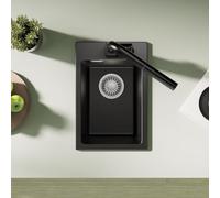 CECIPA Fregadero de granito de 30 x 45 cm, rectangular, pequeño, de cuarzo negro, fregadero individual con juego de desagüe, color negro, moderno fregadero de granito, fregadero de cocina, fregadero