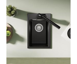 CECIPA Fregadero de granito de 30 x 45 cm, rectangular, pequeño, de cuarzo negro, fregadero individual con juego de desagüe, color negro, moderno fregadero de granito, fregadero de cocina, fregadero