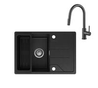 CECIPA Fregadero de granito de 65 x 45 cm con grifo extensible, fregadero de cocina de granito, fregadero de cocina a partir de 40 cm de ancho para armarios inferiores, fregadero negro, incluye sifón