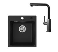CECIPA Fregadero de granito negro, 40 x 45 cm, con grifo de cocina, juego extensible, fregadero de cocina rectangular, fregadero de granito certificado TÜV, fregadero de cocina con desagüe y grifo de