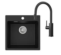 CECIPA Fregadero de granito negro 45 x 45 cm con grifo de cocina extensible de acero inoxidable, juego de fregadero de cocina con 2 agujeros para grifo, fregadero de cocina rectangular, lavabo con